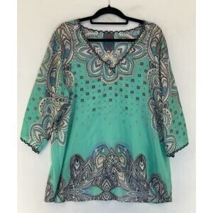 JOHNNY WAS Womens V-Neck Tunic Mint Green Multicolor Tunic Top XL Embroidered